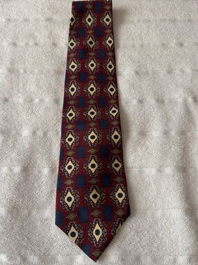 Oscar de la Renta Burgundy Tie with Navy and Cream Geometric Motif